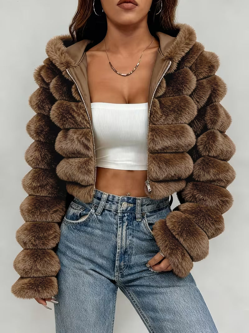 Women's Cropped Faux Fur Jacket with Hood and Zip Front