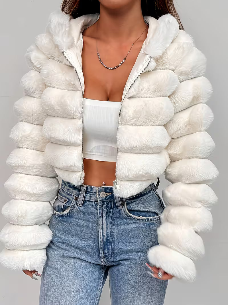 Women's Cropped Faux Fur Jacket with Hood and Zip Front