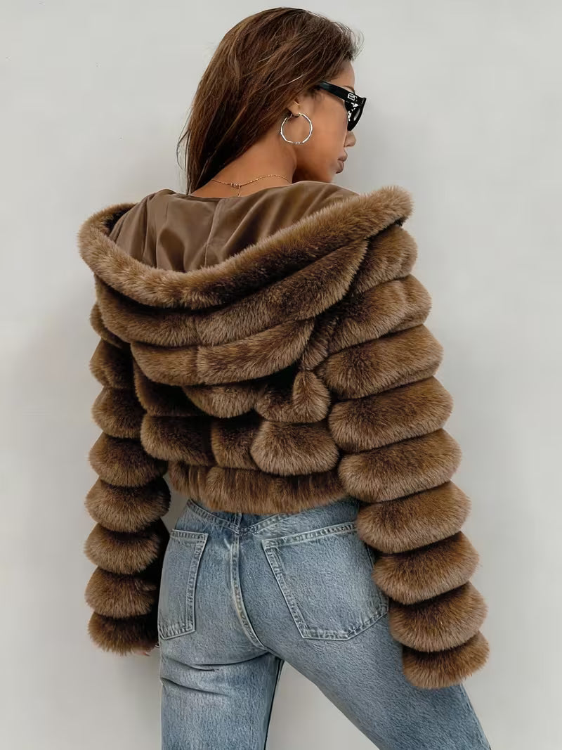 Women's Cropped Faux Fur Jacket with Hood and Zip Front