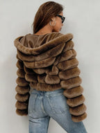 Women's Cropped Faux Fur Jacket with Hood and Zip Front