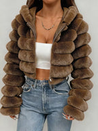 Women's Cropped Faux Fur Jacket with Hood and Zip Front