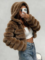 Women's Cropped Faux Fur Jacket with Hood and Zip Front