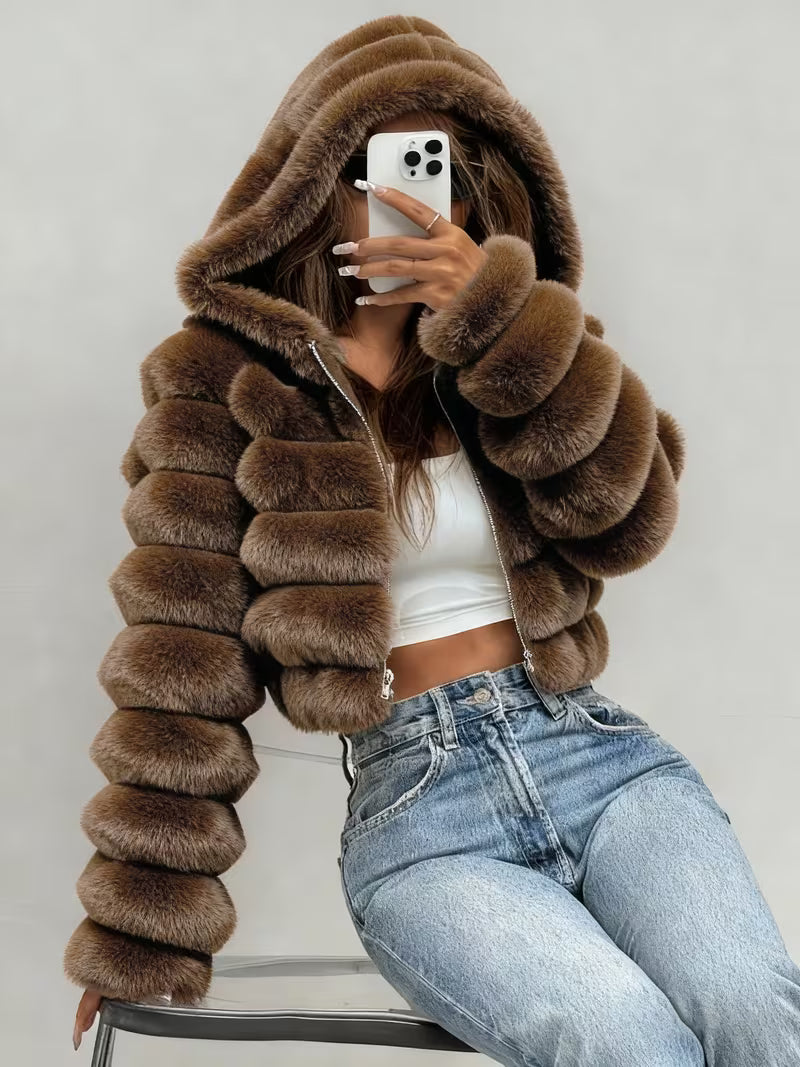 Women's Cropped Faux Fur Jacket with Hood and Zip Front