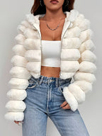 Women's Cropped Faux Fur Jacket with Hood and Zip Front