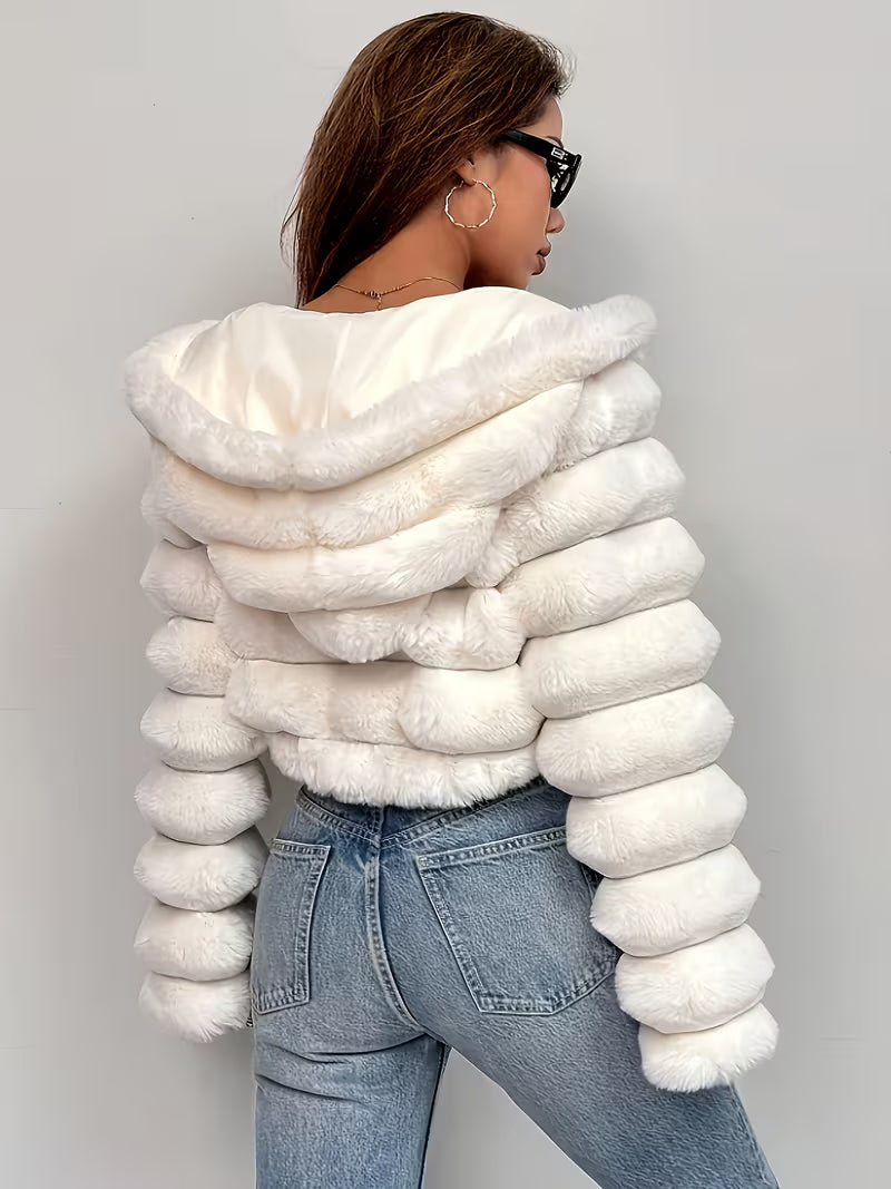 Women's Cropped Faux Fur Jacket with Hood and Zip Front