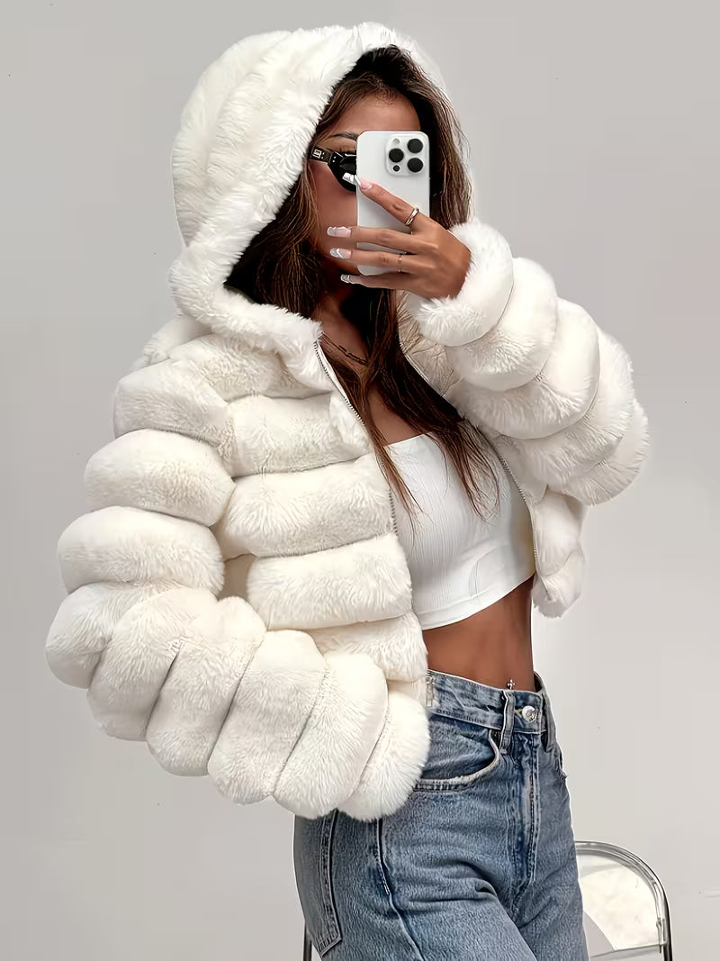Women's Cropped Faux Fur Jacket with Hood and Zip Front
