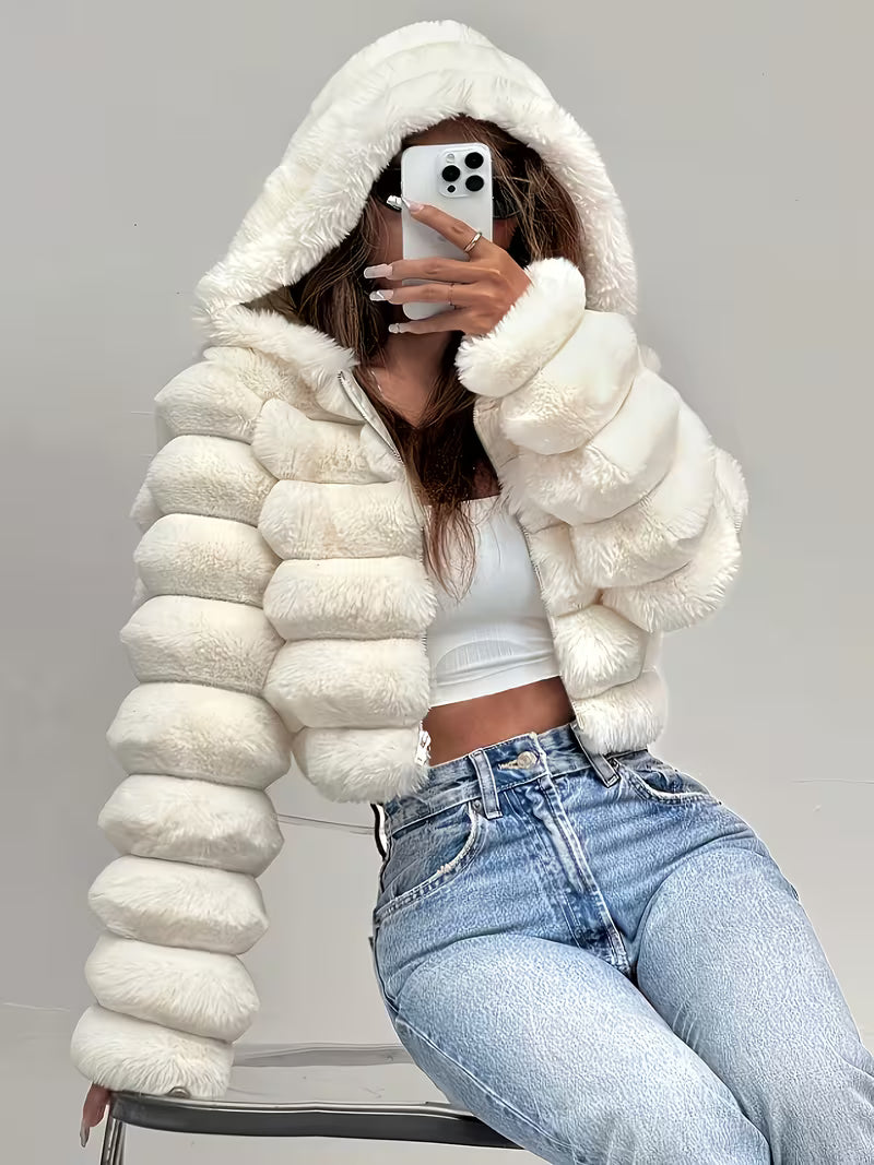 Women's Cropped Faux Fur Jacket with Hood and Zip Front