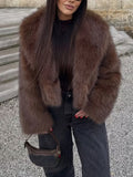 Women's Cropped Faux Fur Jacket with Open Front and Lapel Collar