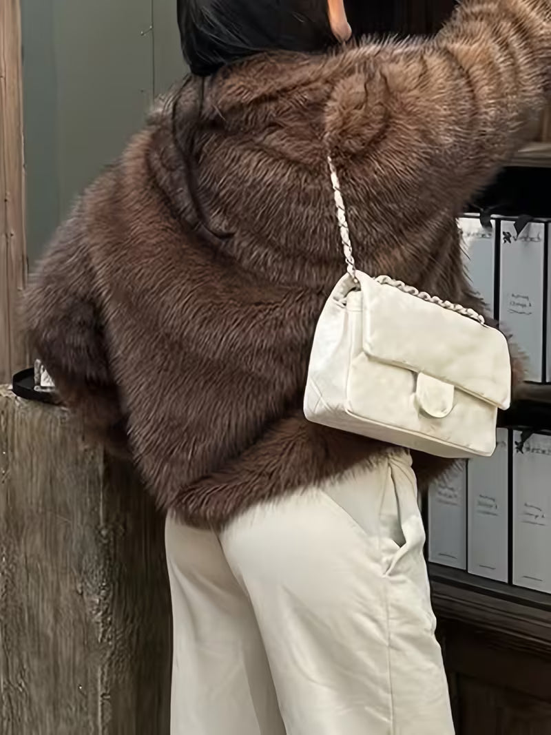 Women's Cropped Faux Fur Jacket with Open Front and Lapel Collar