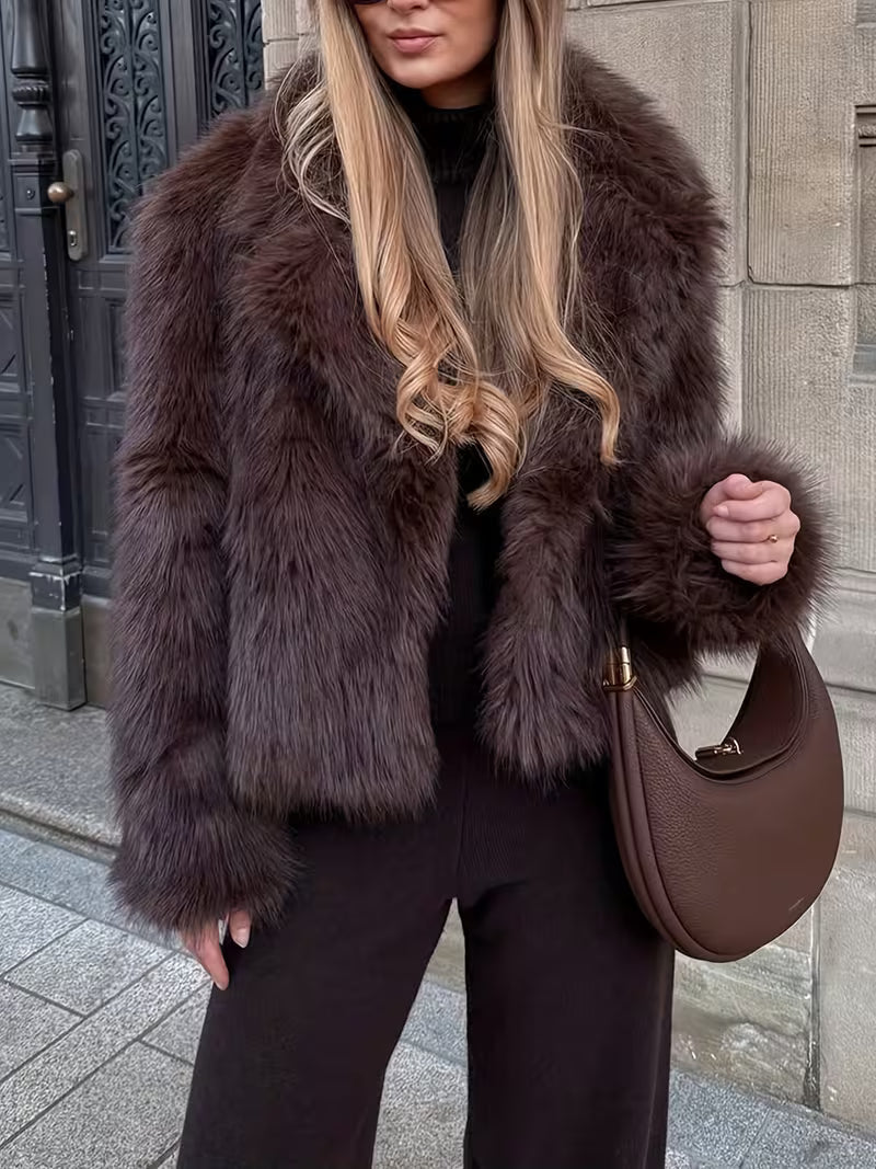 Women's Cropped Faux Fur Jacket with Open Front and Lapel Collar