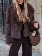 Women's Cropped Faux Fur Jacket with Open Front and Lapel Collar