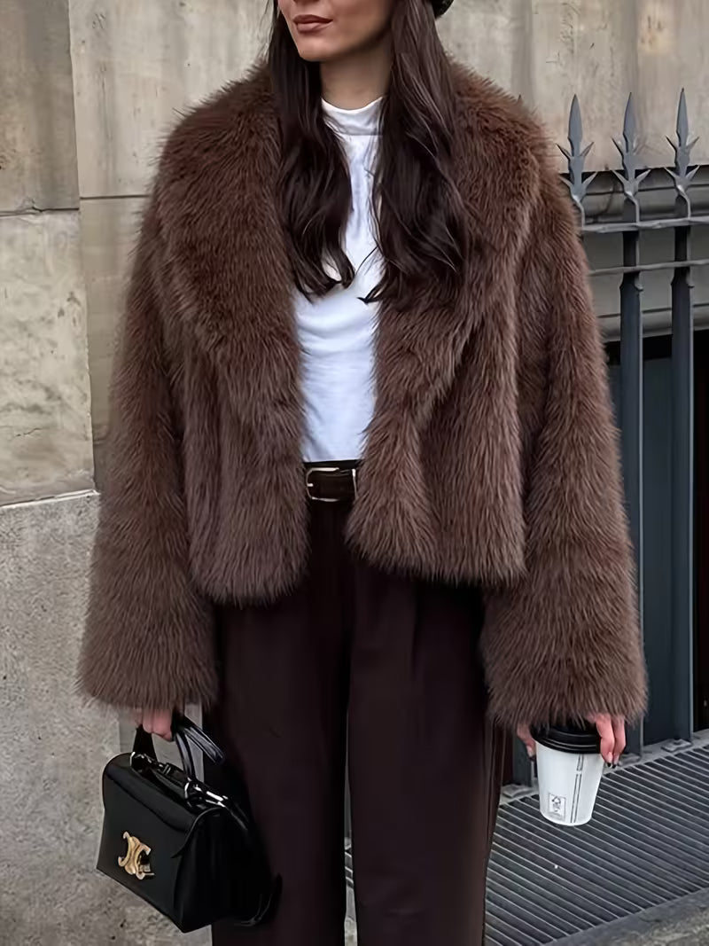 Women's Cropped Faux Fur Jacket with Open Front and Lapel Collar