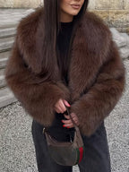Women's Cropped Faux Fur Jacket with Open Front and Lapel Collar