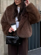 Women's Cropped Faux Fur Jacket with Open Front and Lapel Collar