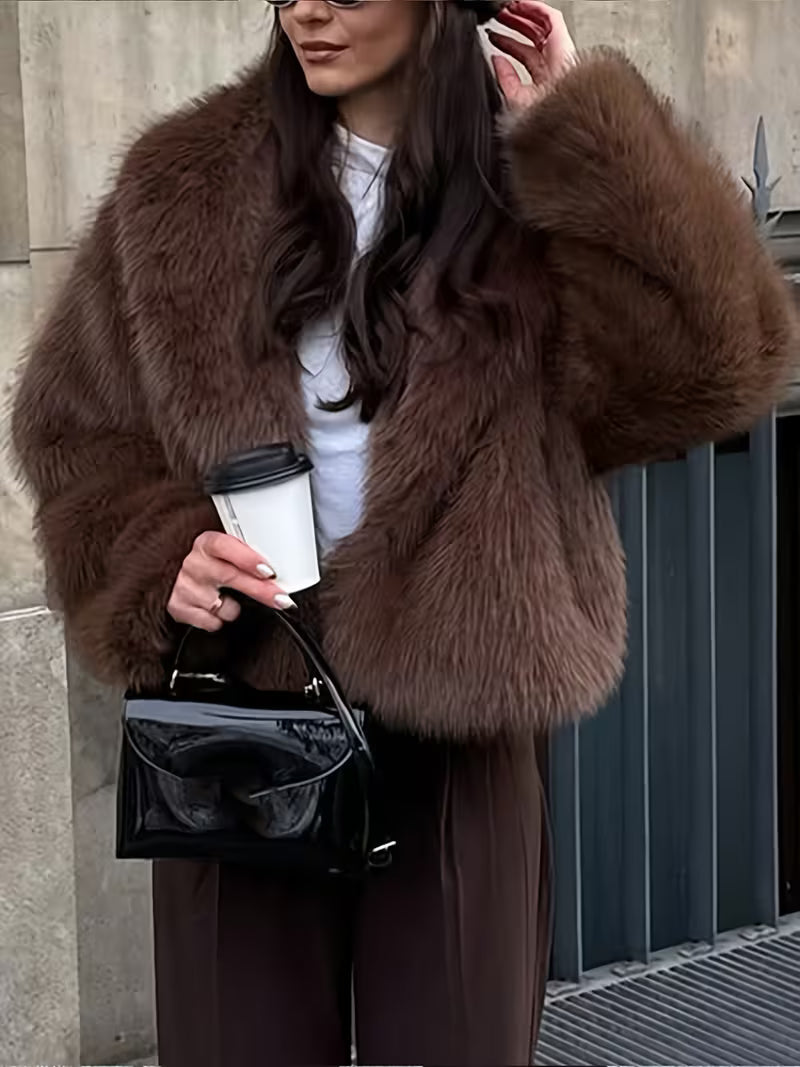 Women's Cropped Faux Fur Jacket with Open Front and Lapel Collar