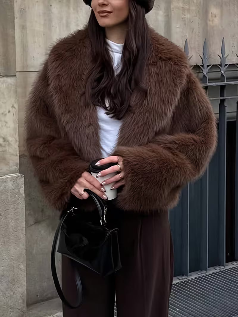 Women's Cropped Faux Fur Jacket with Open Front and Lapel Collar