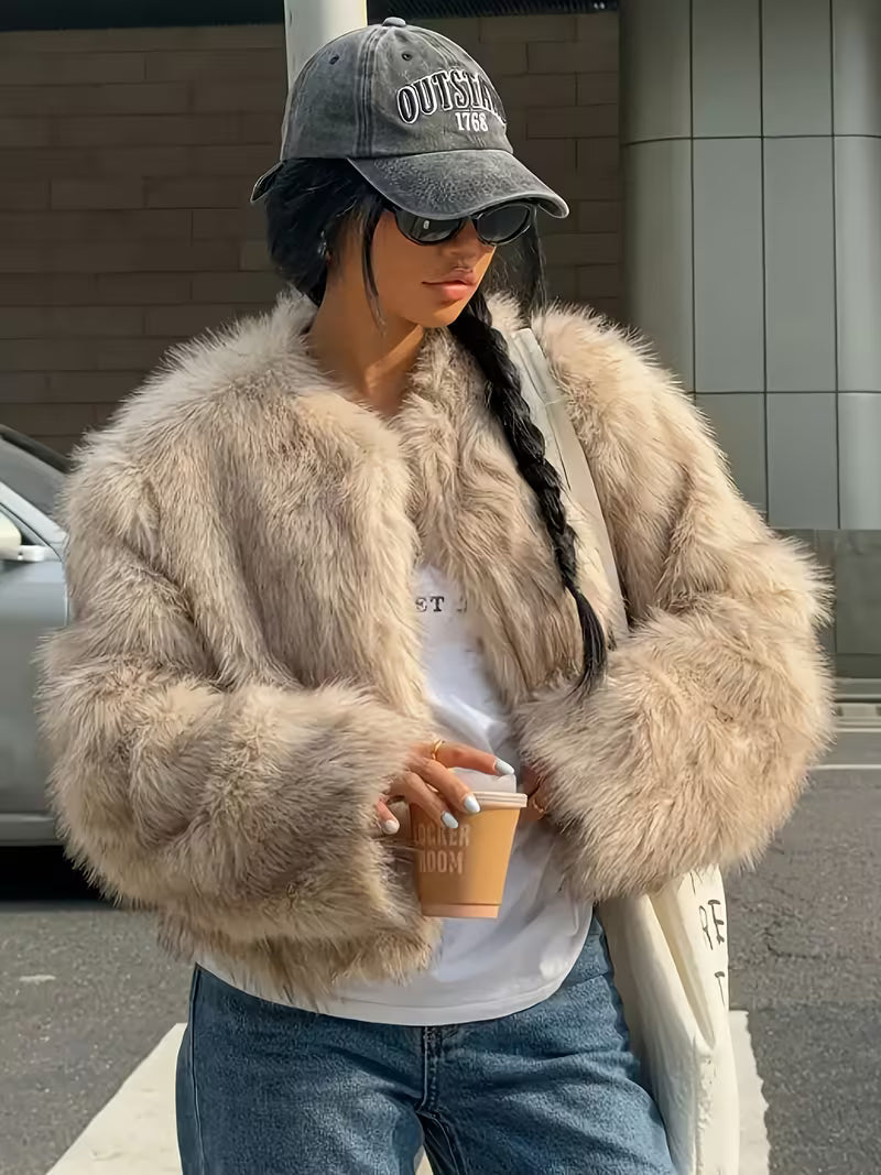 Women's Cropped Faux Fur Jacket with Open Front and Round Neck