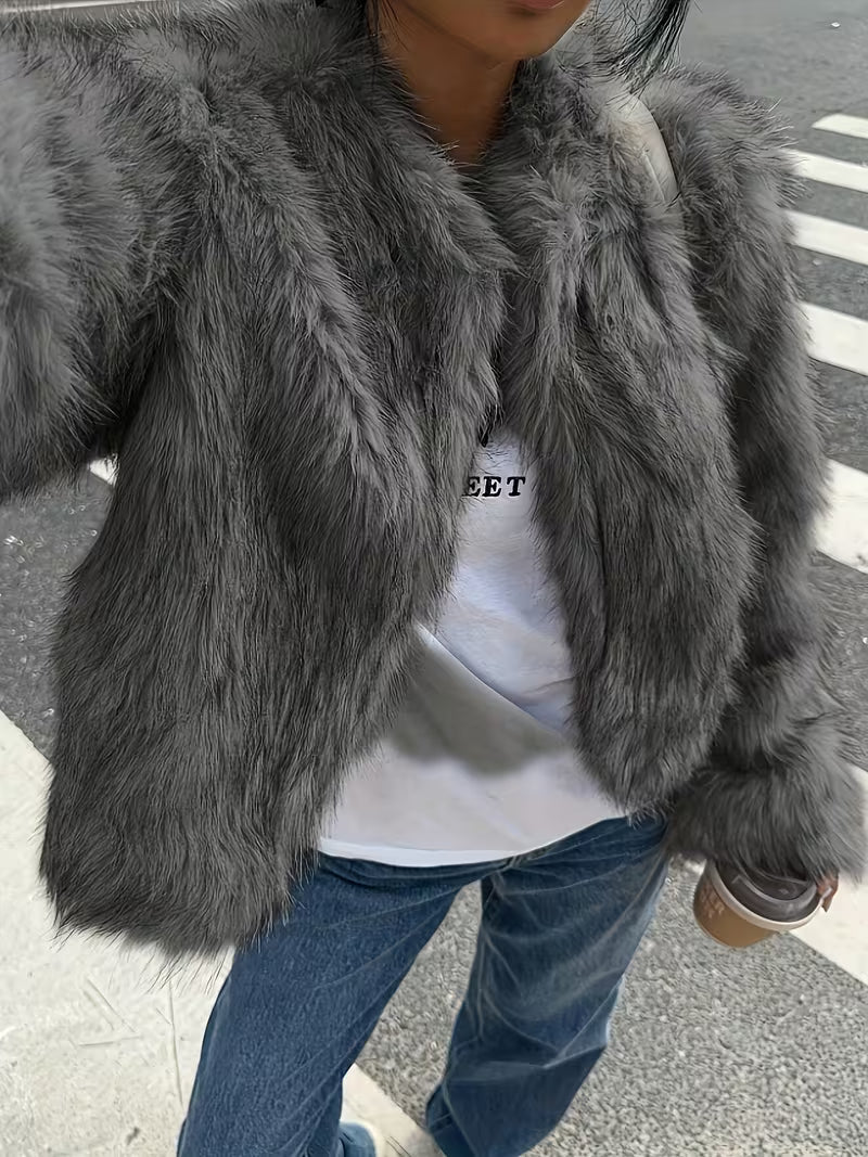 Women's Cropped Faux Fur Jacket with Open Front and Round Neck