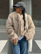 Women's Cropped Faux Fur Jacket with Open Front and Round Neck