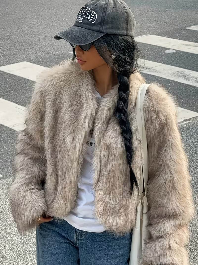 Women's Cropped Faux Fur Jacket with Open Front and Round Neck