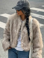 Women's Cropped Faux Fur Jacket with Open Front and Round Neck
