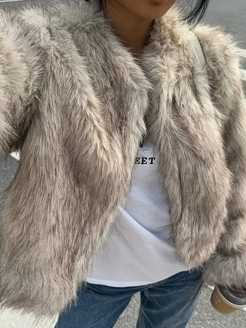 Women's Cropped Faux Fur Jacket with Open Front and Round Neck