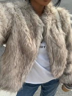 Women's Cropped Faux Fur Jacket with Open Front and Round Neck