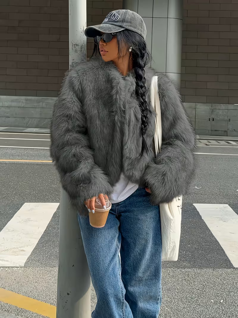 Women's Cropped Faux Fur Jacket with Open Front and Round Neck
