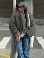 Women's Cropped Faux Fur Jacket with Open Front and Round Neck