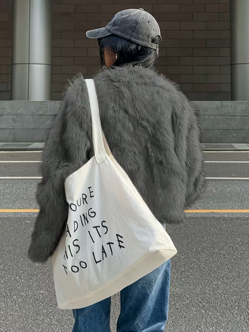 Women's Cropped Faux Fur Jacket with Open Front and Round Neck
