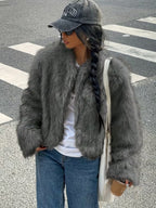 Women's Cropped Faux Fur Jacket with Open Front and Round Neck