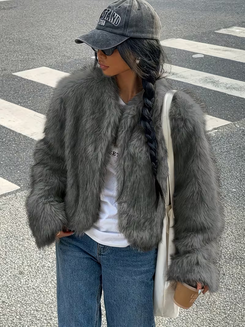Women's Cropped Faux Fur Jacket with Open Front and Round Neck