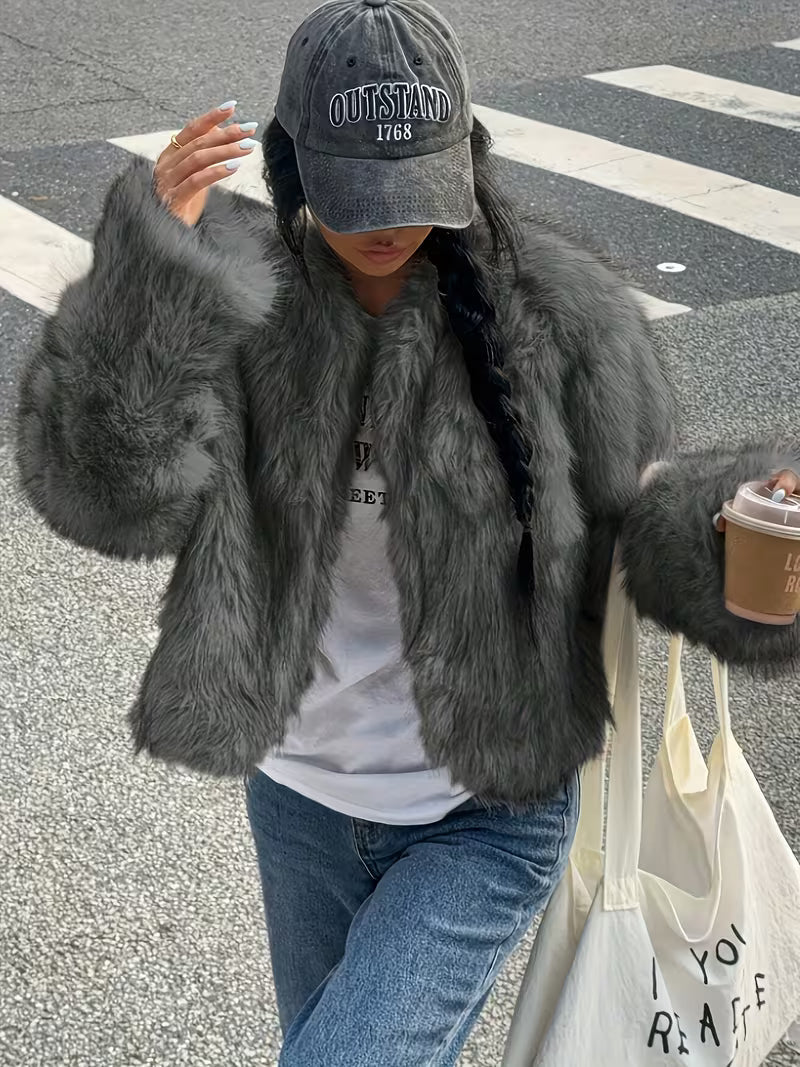 Women's Cropped Faux Fur Jacket with Open Front and Round Neck