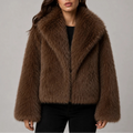 Women's Cropped Faux Fur Jacket with Oversized Collar and Long Sleeves in Brown – Front View