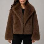 Women's Cropped Faux Fur Jacket with Oversized Collar and Long Sleeves in Brown – Front View