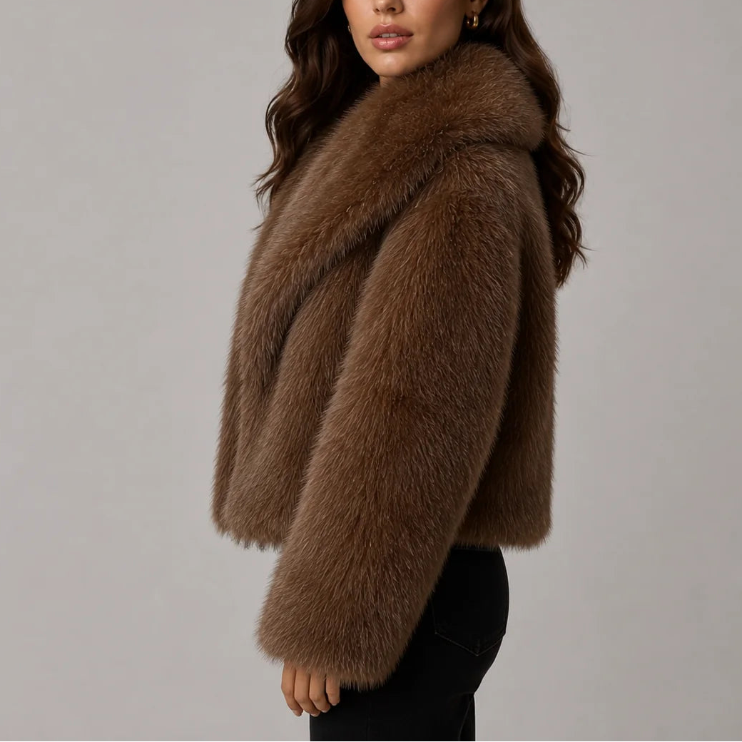 Women's Cropped Faux Fur Jacket with Oversized Collar and Long Sleeves in Brown – Side View