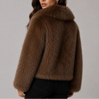 Women's Cropped Faux Fur Jacket with Oversized Collar and Long Sleeves in Brown – Back View