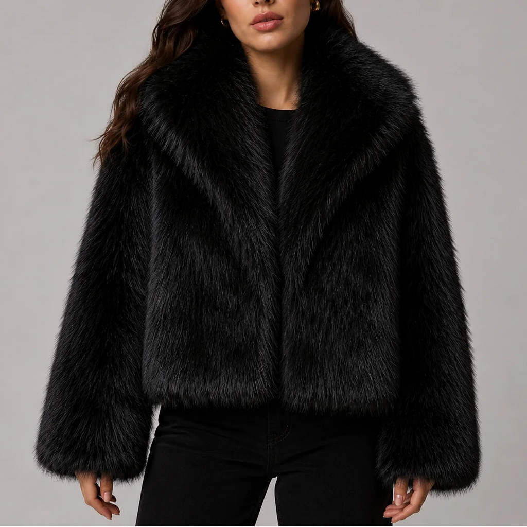 Women's Cropped Faux Fur Jacket with Oversized Collar and Long Sleeves in Black – Front View
