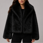 Women's Cropped Faux Fur Jacket with Oversized Collar and Long Sleeves in Black – Front View