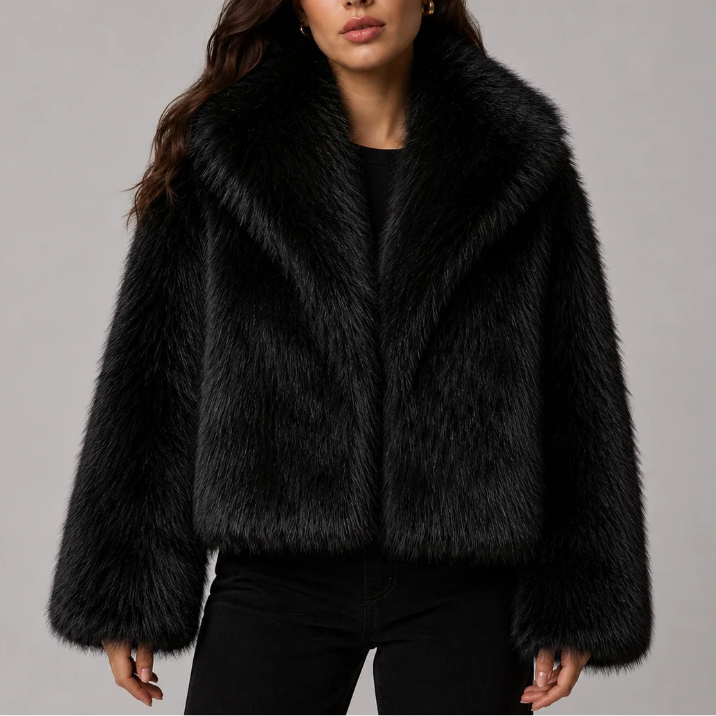 Women's Cropped Faux Fur Jacket with Oversized Collar and Long Sleeves in Black – Front View