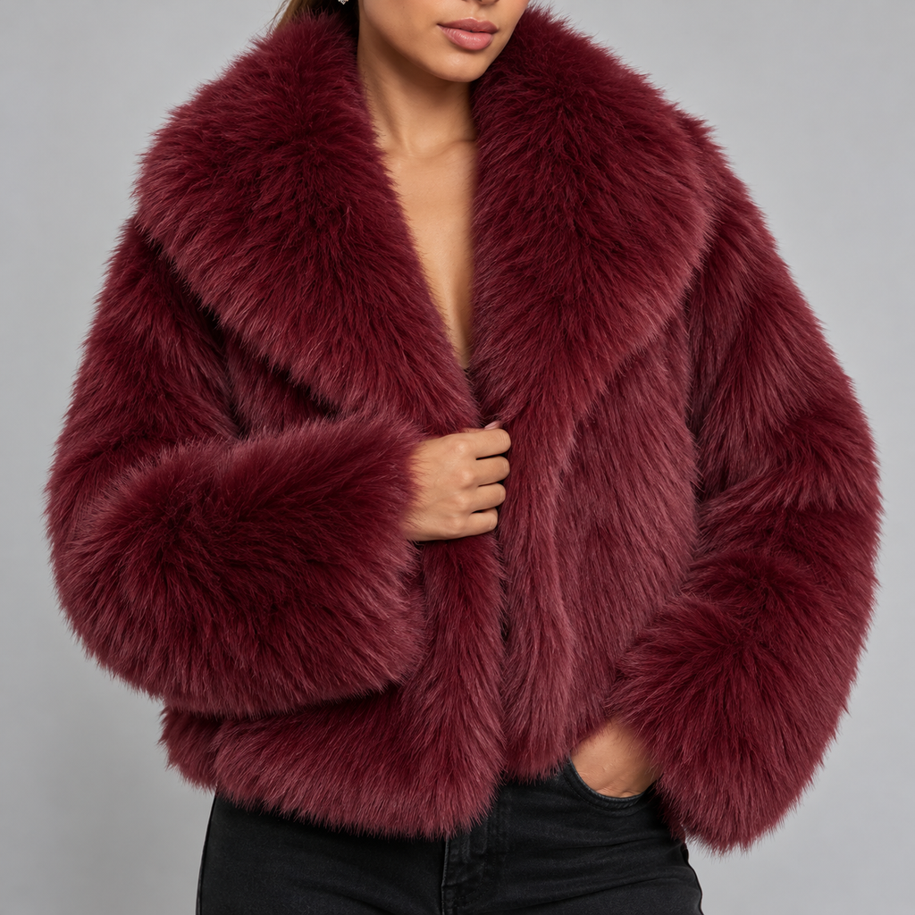 Women's Cropped Faux Fur Jacket with Oversized Collar and Long Sleeves in Burgundy – Front View