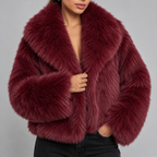 Women's Cropped Faux Fur Jacket with Oversized Collar and Long Sleeves in Burgundy – Front View