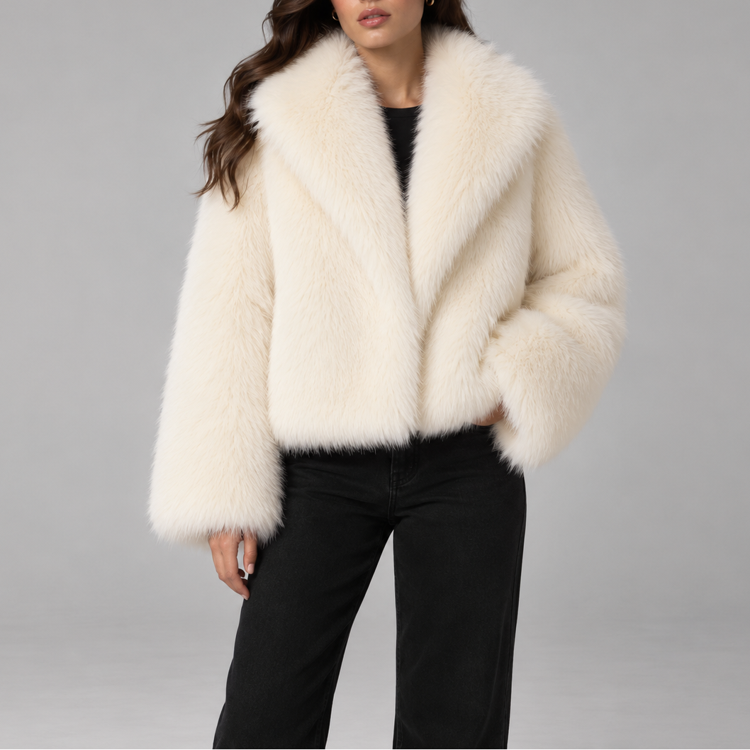Women's Cropped Faux Fur Jacket with Oversized Collar and Long Sleeves in Off White – Front View