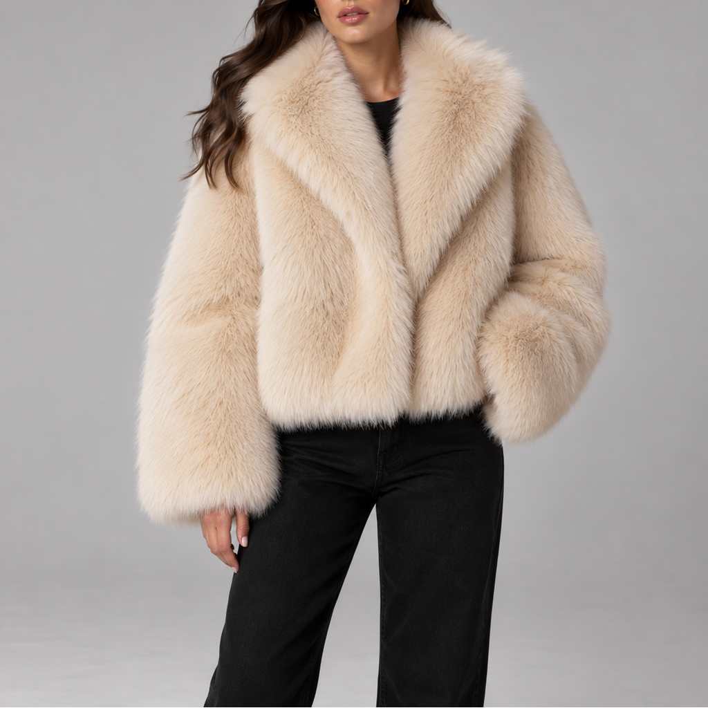Women's Cropped Faux Fur Jacket with Oversized Collar and Long Sleeves in Beige – Front View