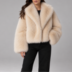 Women's Cropped Faux Fur Jacket with Oversized Collar and Long Sleeves in Beige – Front View