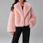 Women's Cropped Faux Fur Jacket with Oversized Collar and Long Sleeves in Light Pink – Front View