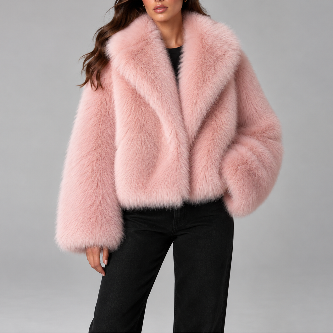 Women's Cropped Faux Fur Jacket with Oversized Collar and Long Sleeves in Light Pink – Front View