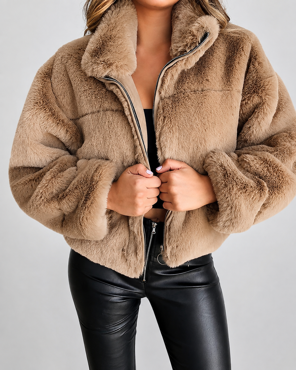 Women's Cropped Faux Fur Jacket with Stand Collar and Zip Front
