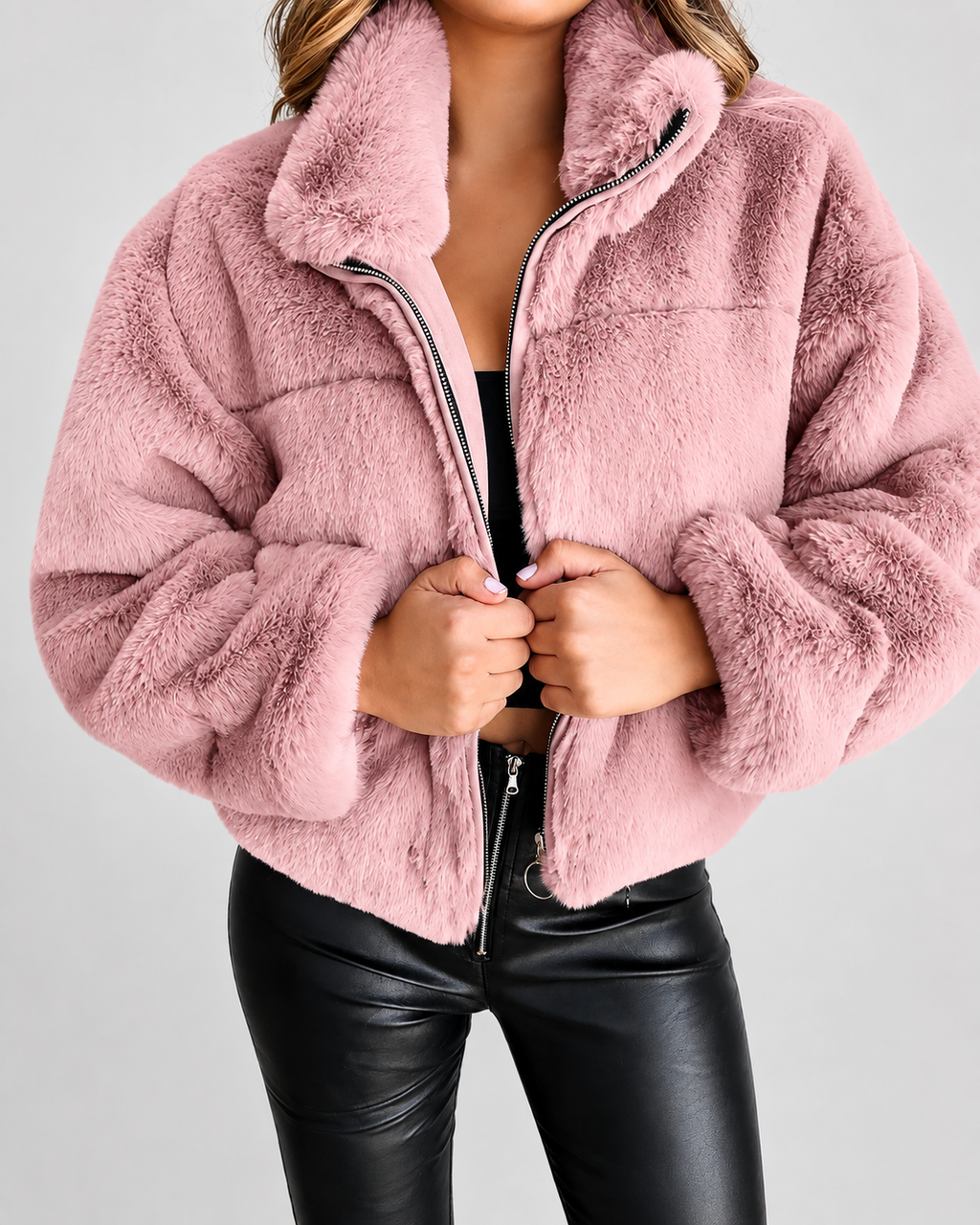 Women's Cropped Faux Fur Jacket with Stand Collar and Zip Front