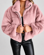 Women's Cropped Faux Fur Jacket with Stand Collar and Zip Front